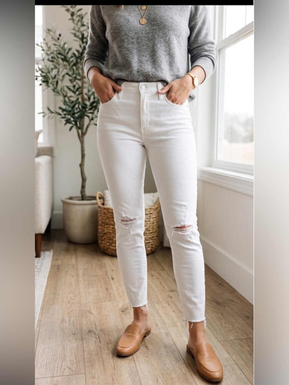 Madewell White Denim Jeans Distressed cropped high rise Sz 31